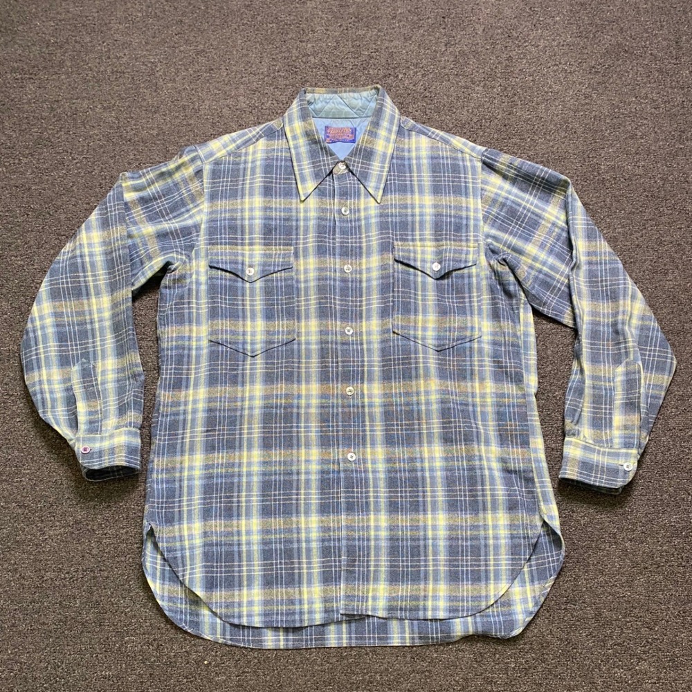 Vintage Pendleton Wool Button‎ Up Shirt Blue Yellow Plaid Mens XL Heritage USA